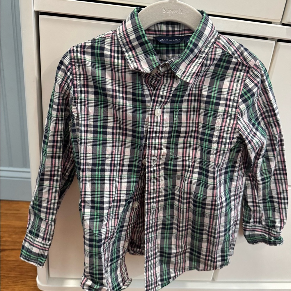 Janie and Jack adorable pink and green plaid button up shirts